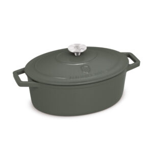 MATTE GREEN önt.vas ovál sütőtál+fedő 32x23,5x12